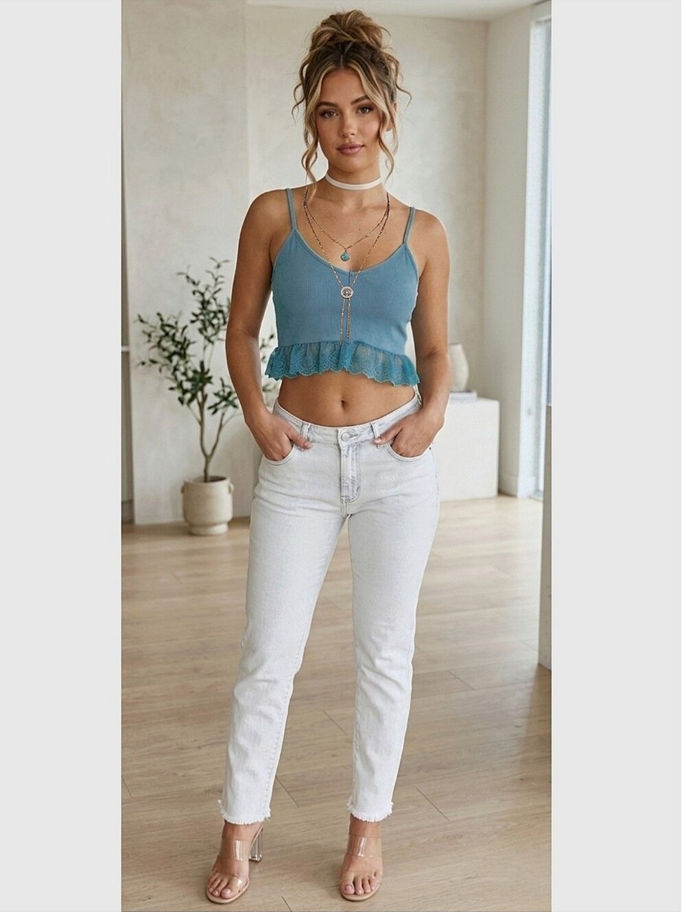 Cyan Blue Crop Top with Lace Ruffled Trim